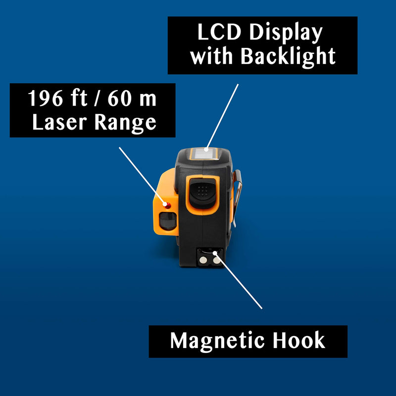 Laser Tape Measure 2-in-1, Laser Measure 196 Ft, Tape Measure 16 Ft Metric and US units with LCD Digital Display, Movable Magnetic Hook, Unit Conversion, Sturdy Build, Consistent and Accurate