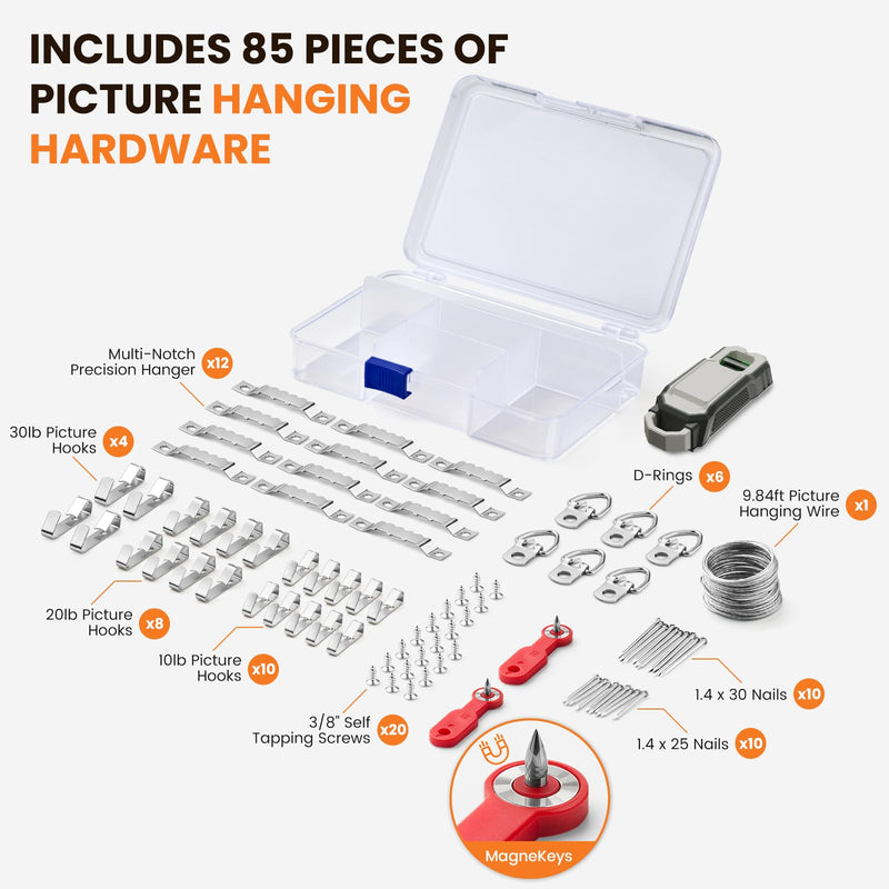 Stud Finder with Picture Hanging Kit - Strong Magnet Stud Finder Wall Scanner 85 PCS Picture Hangers Essentials with Level and Magnetic Markers
