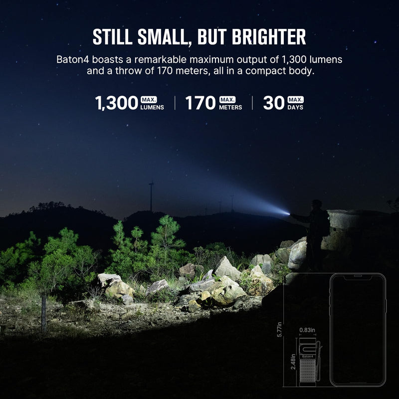 OLIGHT Baton4 Rechargeable EDC Flashlight, LED Pocket Light 1300 Lumens with Magnetic Charging Cable, Powerful Bright IPX8 Waterproof for Home, Camping and Emergencies (OD Green) OD Green