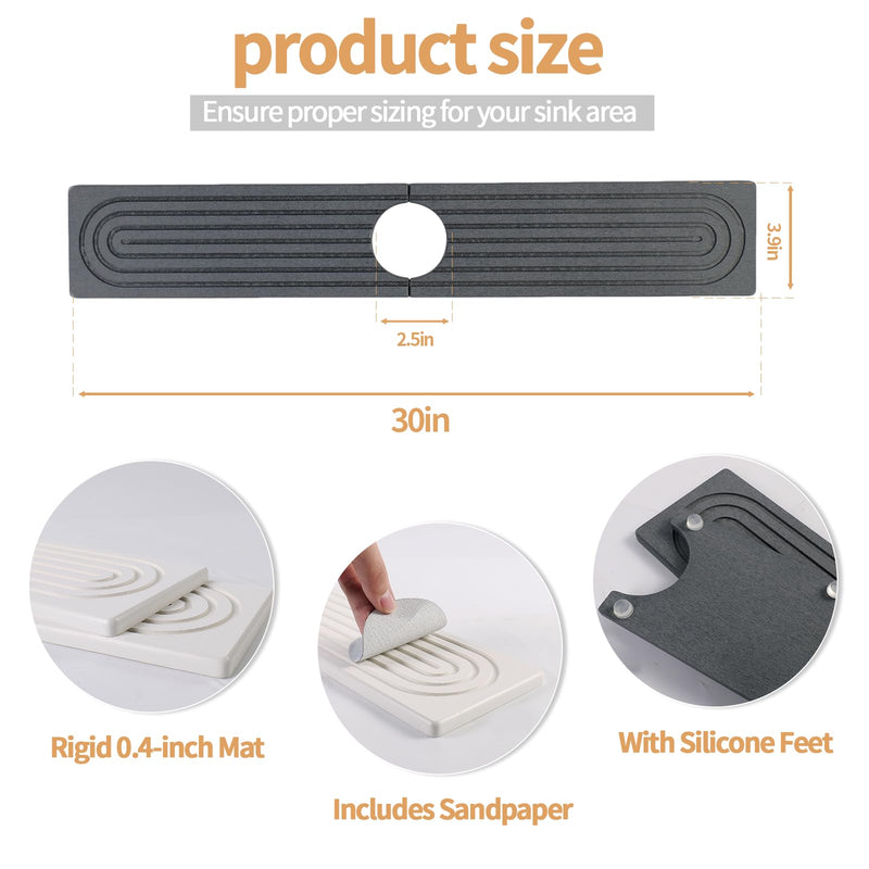 Stone Faucet Mat for Kitchen Sink - Fast Drying Diatomite Mat, Water-Absorbing Sink Protector & Splash Guard for Kitchen and Bathroom Counters (23.6"x3.9", Dark Grey) Dark Gray