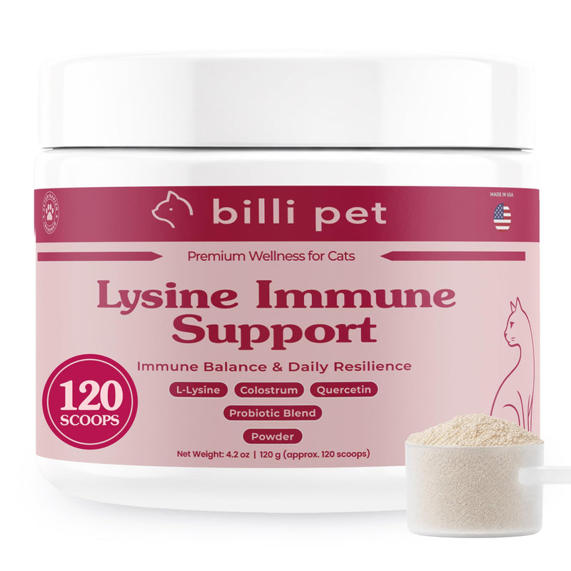 Cat Immune Support Lysine Powder - Allergy Relief Supplement for Cats with L-Lysine, Quercetin, Colostrum & Omega-3, Soothes Sneezing & Itchy Skin, 4.2 oz, 120 Scoops