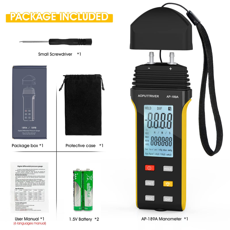 Manometer, AP-189A Professional Gas Pressure Tester, Dual-Port Manometer Air Pressure Meter, 11 Selectable Units Differential Pressure Gauge, HVAC Digital Manometer with Backlight Data Record AP-189A（6Psi）
