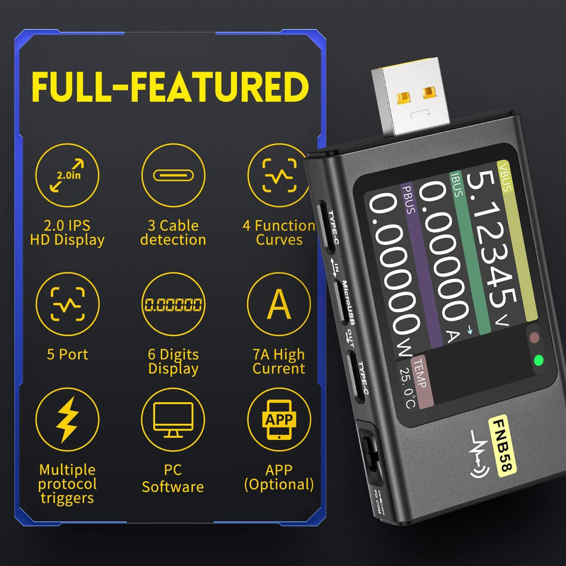 USB Tester 4-28V 7A LCD USB A&C Voltage Current Power Tester Multimeter, Fast Charge Detection Trigger Capacity Ripple Measurement, PD2.0/PD3.0,QC2.0/QC3.0
