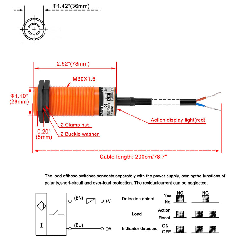Heschen M30 Capacitive Proximity Sensor Switch Detector 20mm Proximity Switch | SZC-M30-20AO 20-250VAC 400mA Normally Open (NO) 2 Wire