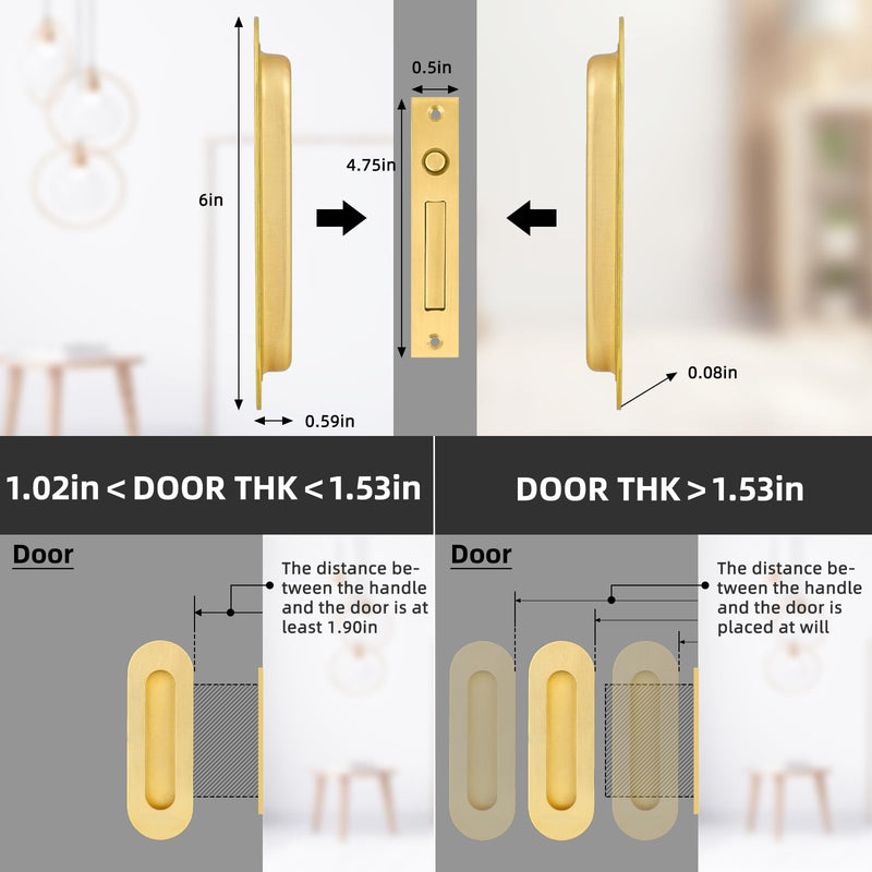 Pocket Door Handles Gold,6 inch Oval Recessed Flush Pocket Door Pull Handle,304 Stainless Steel Pocket Door Hardware, Hidden Edge Pull with Push Automatic Bounce Switch 6 Inch