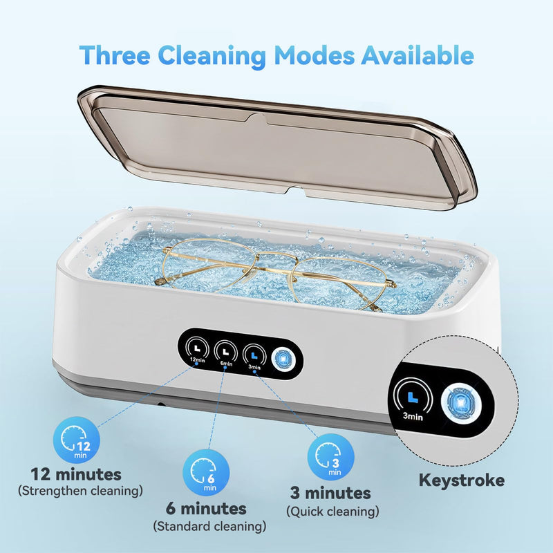 Ultrasonic Jewelry Cleaner Machine: 49KHz UltraSonic Cleaner with 3 Cleaning Modes for Jewelry,Eyeglass,Rings,Watch Band,Dentures,Retainers,Coins,Earring,Large 650ML 304 Stainless Steel Tank (White) White