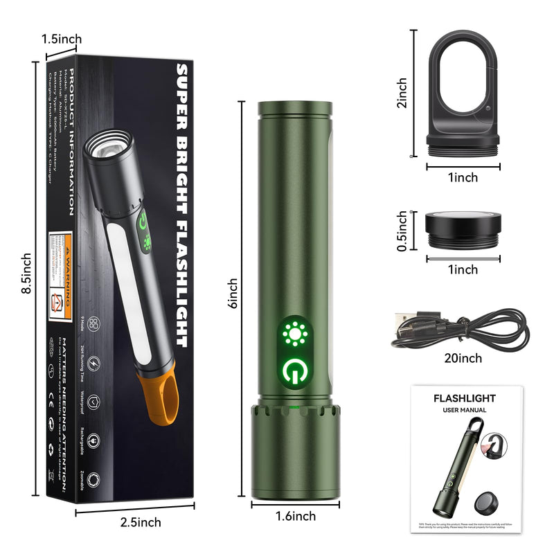 High Lumens Flashlight Rechargeable-Magnetic,Hanging,Zoom Beam,Side Light Multi-Function LED Flashlights Super Bright Powerful Waterproof Flash light for Camping,Emergency,Hiking,Dog Walking,Home Modern