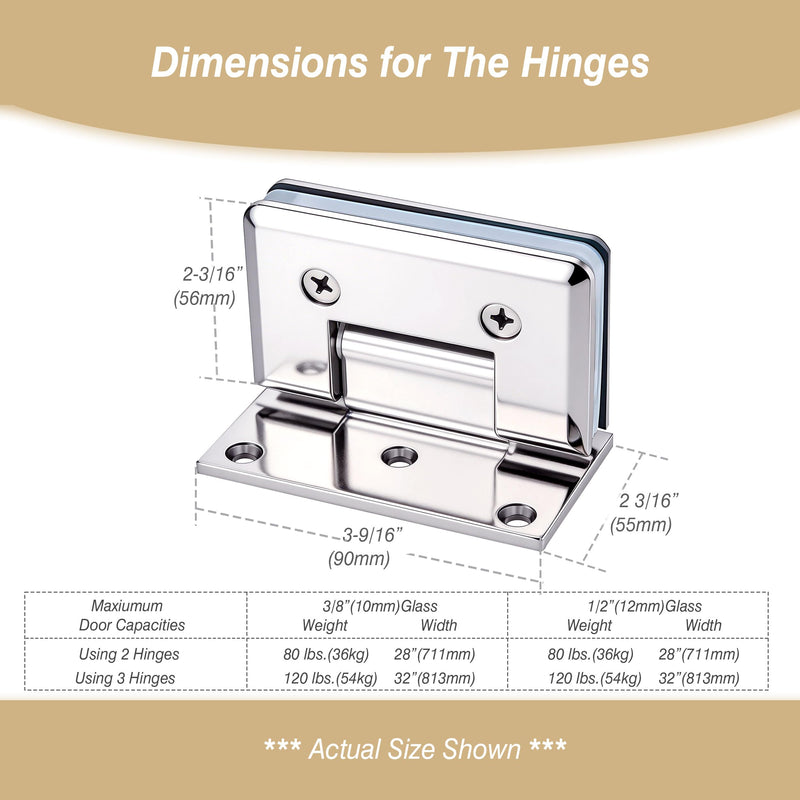Brass Shower Door Hinge, 90 Degree Offset Glass Door Hinges, Wall Mount for 5/16"-1/2"(8-12mm) Tempered Glass, Heavy Duty Hinge for Frameless Glass Installation, Chrome 90 Degree_A