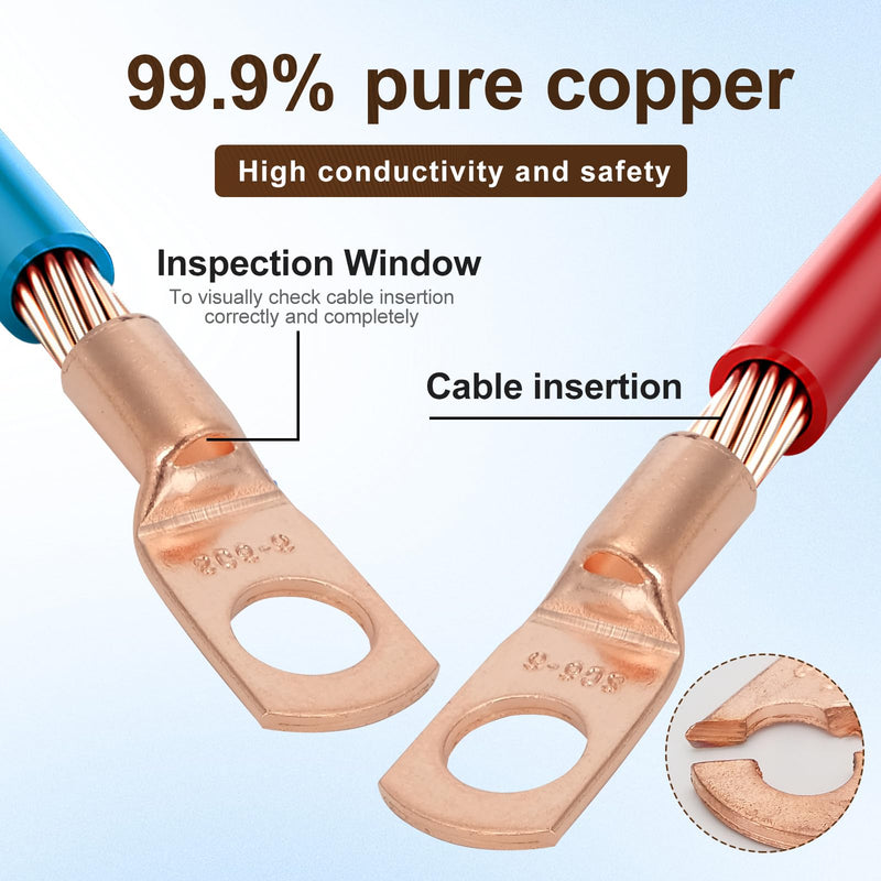 Thick Copper Electric Wire Lugs,20Pcs Bare Copper Gauge 12-10Awg-1/4(M6) Ring Heavy Duty Battery Cable Lugs Ends Ring Terminals Connectors with 20Pcs 3:1 Heat Shrink Tubing Assortment Kit 12-10Awg-1/4"(M6)Ring