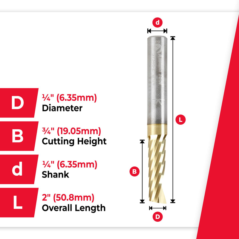 Amana Tool 57348-Z SC Spiral O Single Flute Improved Surface Finish Aluminum Cutting 1/4 D x 3/4 CH x 1/4 SHK x 2 Inch Long Up-Cut ZrN Coated Router Bit withMirror Finish