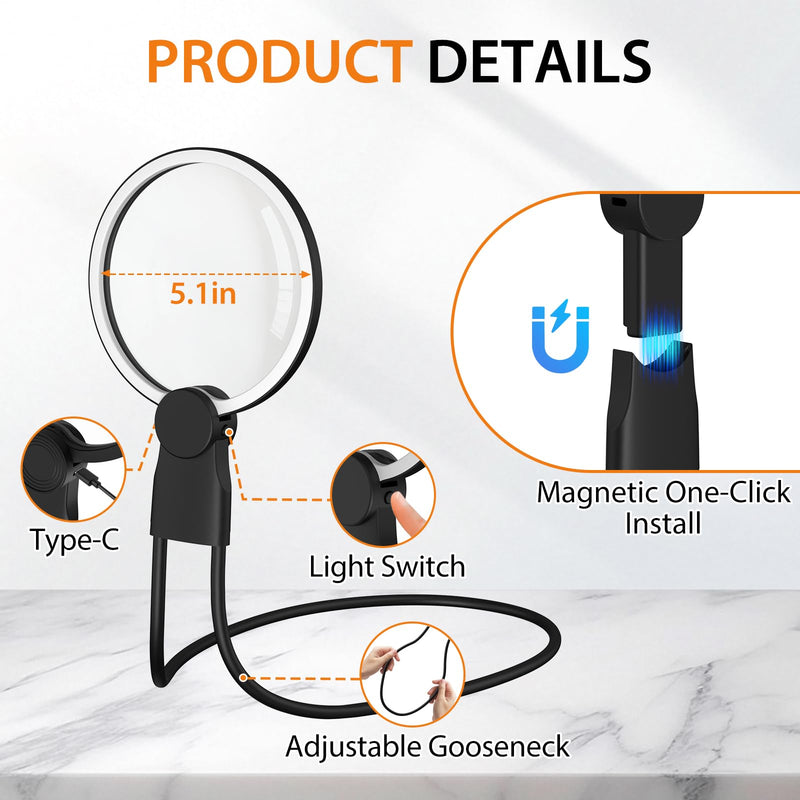 Hands-Free Magnifying Glass with Light, 5X Neck Magnifier for Close Work, Reading Small Print, Cross Stitch, Sewing & Crafts, Rechargeable Lighted Magnifier, Vision Aid for Seniors & Low Vision
