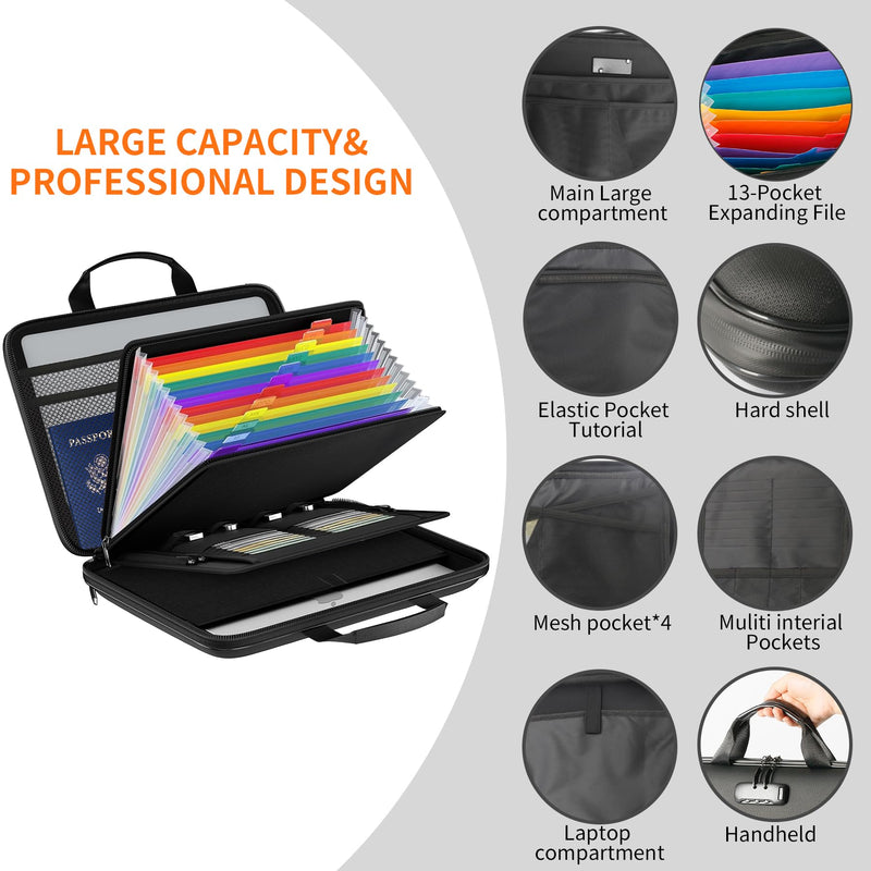 Fireproof Document Box Hard-shell with password lock Accordion File Organizer Comes With 13 Pockets File Box Used For Passports, Certificates, Laptops, Cash, And Important Documents