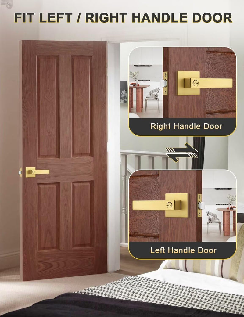 1 Pack Heavy Duty Gold Square Privacy Interior Door Levers, Satin Brass Finish, Bedroom and Bathroom Door Handles Keyless Bed/Bath Lockset 1 Pack Gold-Privacy
