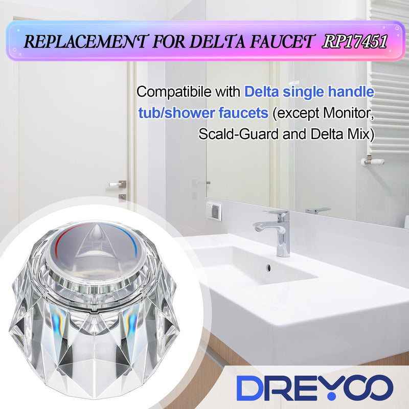 Dreyoo 1 Pack Faucet Handle Compatible with Delta Faucet RP17451, Replacement Faucet Handle with Offset Hole for Shower/Tub, 2-1/2'' x 2-1/8'' Faucet Knob, Single Knob Handle, Clear Acrylic Finish