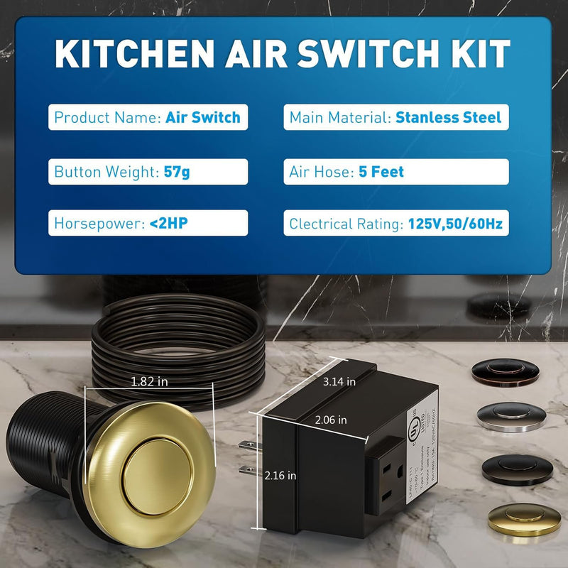 Garbage Disposal Air Switch Kit Sink Top Waste Disposal Long Stainless Steel Black On/Off Air Button Food and Waste Disposals Part, UL Listed Brushed Gold LONG/3.6"