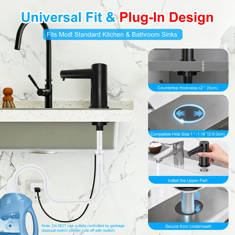Automatic Touchless Dish Soap Dispenser for Kitchen Sink, Two Adjustable Dispensing Sink Soap Pumps, 38" Tube, Leak-Proof Plug-in, Built-in Fit for Bathroom Commercial (Black) Black