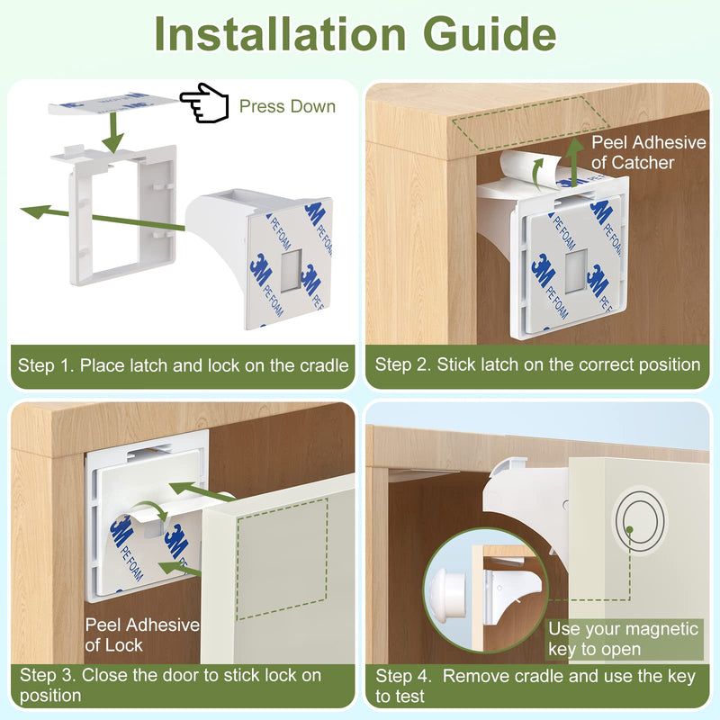 Child Safety Magnetic Cabinet Locks, AOSITE 12 Pack+3 Keys Baby Proofing Magnetic Drawer Locks for Kitchen with Adhesive No Drilling or Screws Fixed, 4 Baby Safety Cabinet Locks for Knobs 1.49in×1.34in×1.54in 12.0
