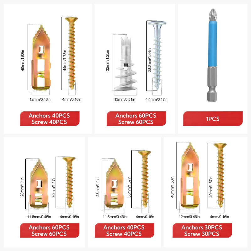 460pcs 5 Different Sizes Drywall Anchors, Self Drilling Drywall Anchors Kits with Cross Groove Drill Bit
