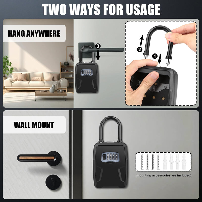 Key Lock Box Outdoor with Code, Large Key Lockbox for Keys Outside Portable Lock box for Keys, 4 Digit Combination Key Safe Storage, Waterproof Keybox Wall Mounted for Outdoor Home Garage Office Black Door handle hung + Wall mounted