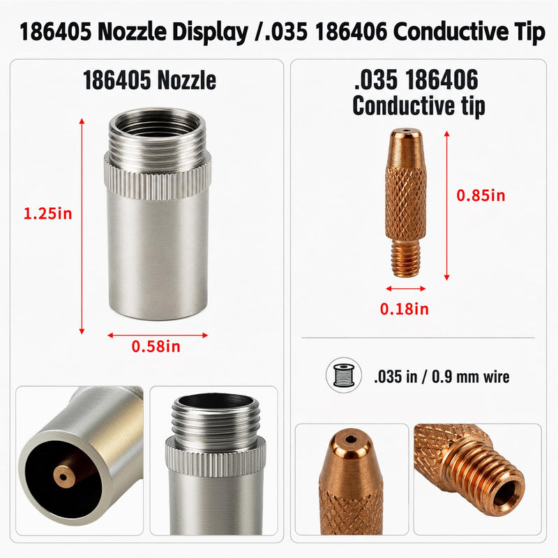 26-PK .035 Contact Tips Tube Assembly Mig welding Nozzle Kit 186404 186405 186406 for Miller Spoolmate 100 185 200 3035 for Hobart Spoolgun DP-3035, SpoolRunner 100, Handler 125 125Ez 130 140 190 210