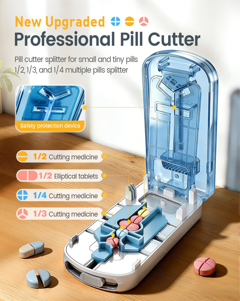 Professional Pill Cutter for Small Pills, 3-in-1 Pill Cutter Splitter for Small or Large Pills- Safely Cuts 1/2, 1/3, and 1/4 Multiple Pills Splitter, Adjustable Pill Cutter with Storage Box (Blue) Blue
