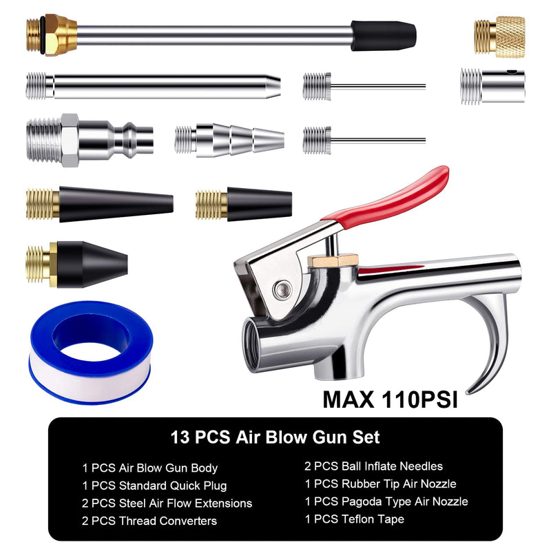13 Pcs 2-Way Connection Air Nozzle Blow Gun Set, Air Nozzle Kit with 1/4 in Standard Quick Fitting and 8 Air Nozzles, Air Compressor Accessories for Air Inflation and Dedusting 13 pcs kit