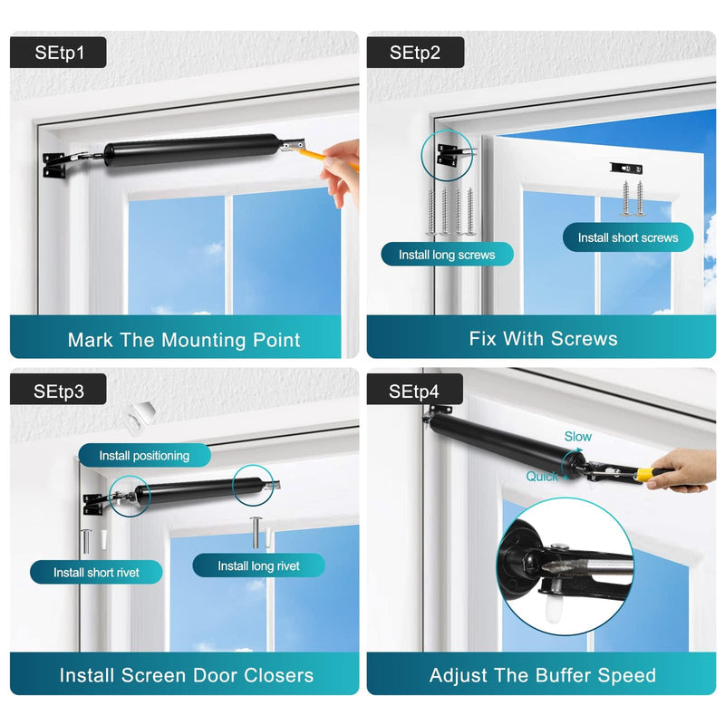 Screen Door Closers Kit,Storm Door Closer, Pneumatic Door Closer Bracket Adjustable Closing Door Cushion Speed, Stable Door Closer System, Screen Door Opener and Closer 1Pack(Black) 1 Pack (Black)