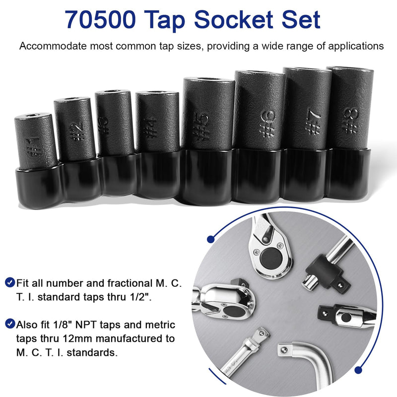70500 Tap Socket Set Use with 1/4" & 3/8" Drive, Fit Fractional MCTI Standard Tap thru 1/2" & 1/8" NPT taps & Metric Tap thru 12mm Manufactured to MCTI Standard, 8-Piece