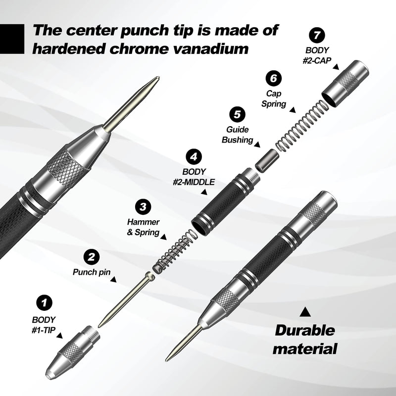 2 Pack Automatic Center Punch, 5 inch Heavy Duty Steel Spring Loaded Center Hole Punch with Adjustable Tension Punch Tool for Metal Wood Glass Plastic 5Inch