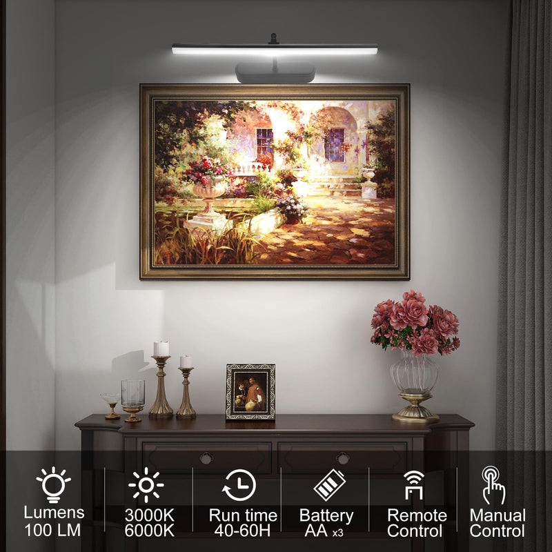 Picture Light Battery Operated,15" Wireless Accent Light for Wall, Remote Painting Light with Timer and Dimmable for Art,Display,Frame,Mirror-Black Black 15INCH