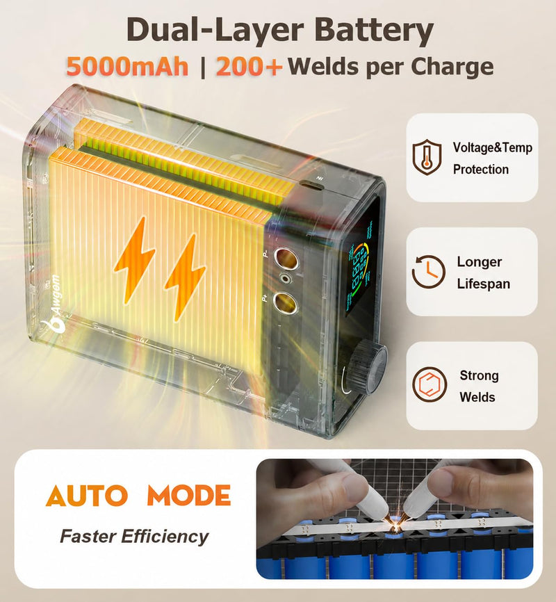 11000W Battery Spot Welder, Awgem 0.1-0.3mm Portable Spot Welder with Rotary Knob 100 Gears, Auto Modes, Dual-Pulse, for Lithium Battery Repair and Welding SK1P1