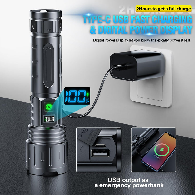Flashlights 20000 High Lumens Rechargeable - 1500 Meters Long Beam Super Bright LED Flash Light with Power Display & IPX5 Waterproof for Camping, 20H Runtime,5 Modes,Zoomable Handheld Flashlight high lumen flashlight