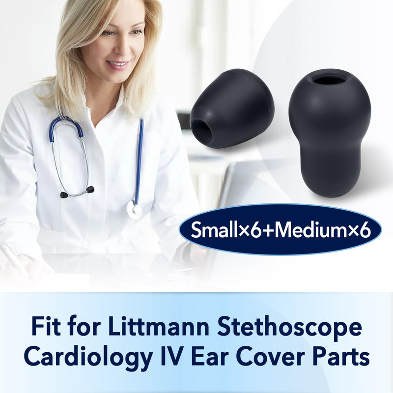 12Pcs Stethoscope Ear Tips Replacement for Littmann, Small/Medium Ear Tips for Littman Compatible with Classic III, Cardiology 3, 4, & IV, Soft-Black Stethoscope Ear Tips for Littmann