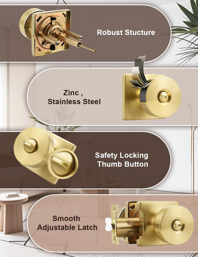 Tinewa 1 Pack Gold Interior Privacy Door Knob with Lock, Brushed Brass Bedroom Door Locks, Keyless Privacy Door Handle Locks, Zinc Alloy Heavy Duty Door Knobs on Square Rose