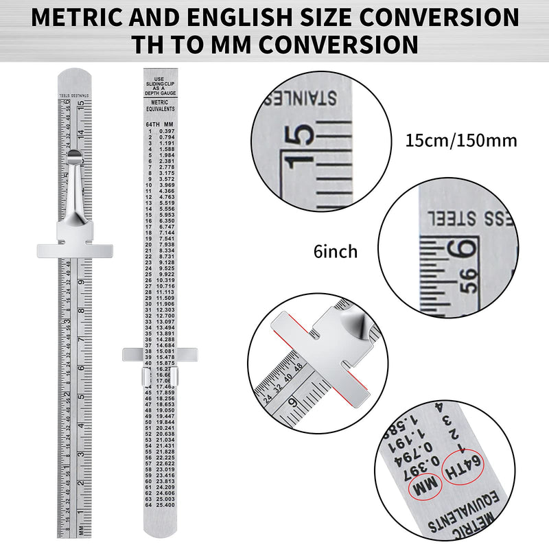 6 Inch 15 cm Pocket Ruler Flexible Precision Stainless Steel Ruler with Detachable Clips Stainless Steel Pocket Clip Scale Gauge Metric British System(3 Pieces) 3
