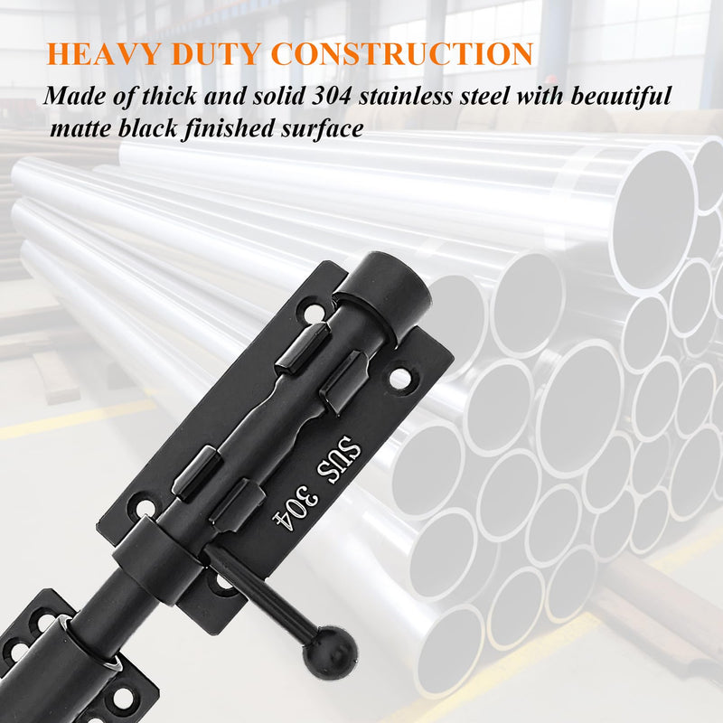 Slide Bolt Gate Latch Thickened Heavy Duty Door Latch Lock 304 Stainless Steel Barrel Bolt Lock Black Solid Gate Lock Door Latches Hardware with Screws and Dust Canister 8in 2pc