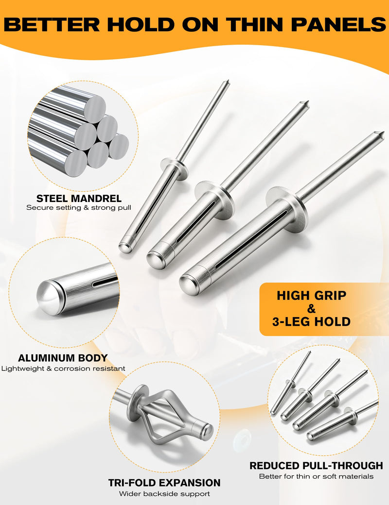 Tri-Fold Pop Rivets 1/4" x 7/8", 100 CTs High Grip Exploding Bulb Blind Aluminum Rivets for Thin Sheet Metal, 6.4x23mm Open End Steel Mandrel 1/4" x 7/8" Silver