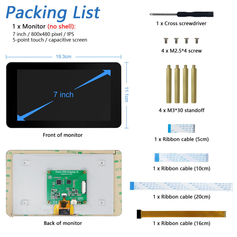 FREENOVE 7 Inch Touch Display for Raspberry Pi 5 4 B 3 B+ A+, 800x480 Pixel IPS Monitor, 5-Point Capacitive Touchscreen, Driver-Free MIPI DSI Port 7 inch IPS touchdispaly