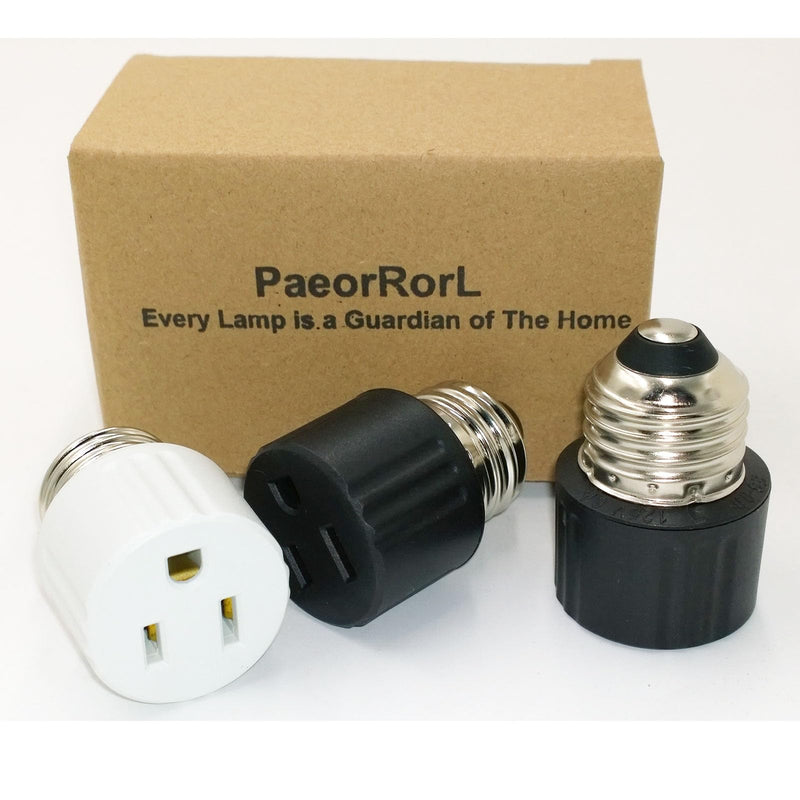 3 Pack,3 Prong Light Socket to Plug Adapter,E26/E27 Light Socket Outlet,Polarized Light Socket Adapter,2/3 Prong Outlet Socket Splitter Converter for Garage Porch,(2 Black 1 White) 2 Black 1 White Plug Adapter