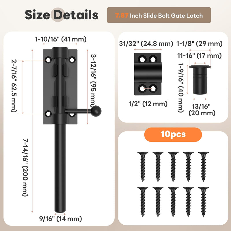 7.8 Inch Barrel Bolt Latch, Reinforced Slide Bolt Gate Latch, 304 Stainless Steel Door Latch Lock for Barn, Garden, Shed - 14 mm Bolt with Padlock Hole (Black-2pcs 7.8 Inch) Black-2pcs 8 Inch