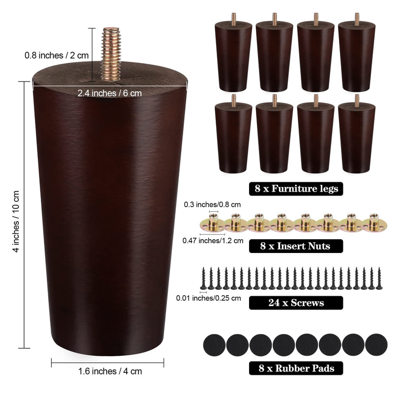 Ruisita 8 Pieces Furniture Couch Legs 4 Inch Round Solid Wood Sofa Legs Natural Wooden Couch Legs Replacement Legs for Armchair, Cabinet, Chair, Footstool, Mid Century Modern Dresser, Brown 4 Inches