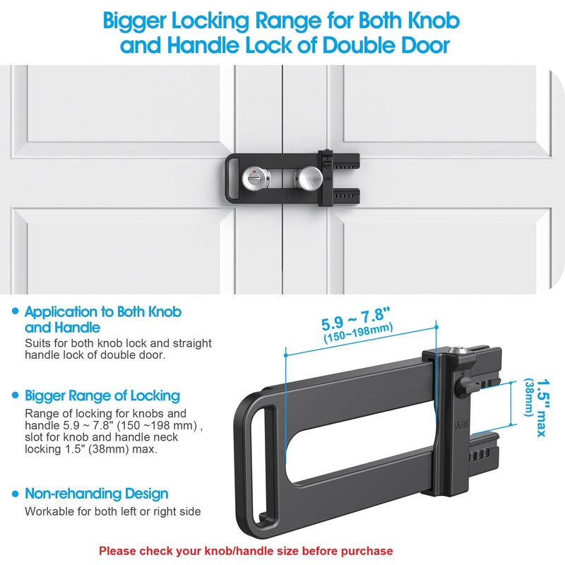 AST Double Door Security Lock, French Door Lockout Device with Keys, Reinforcement Lock for Knobset and Handleset, Prevent Kick Ins, Kids Proof Barricade, Matte Black with snib and Cylinder