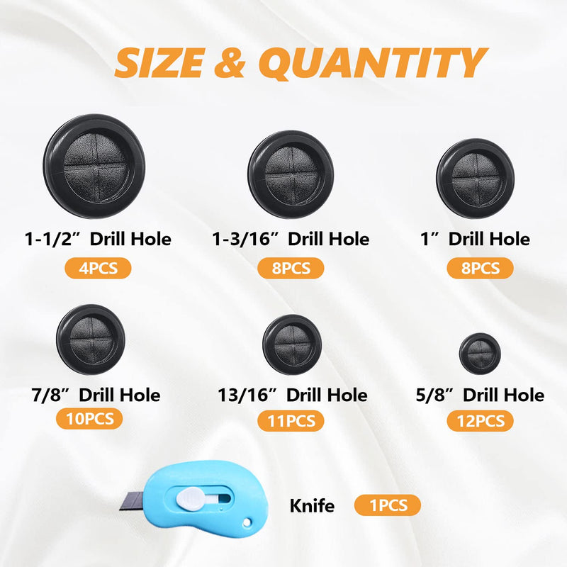 mankk 53Pcs Rubber Grommet Kit,6 Size (5/8" 13/16" 7/8" 1" 1-3/16" 1-1/2") Drill Hole Round Double Sided Rubber Hole Plug with Retractable Box Knife for Protecting Cable Wire M-119