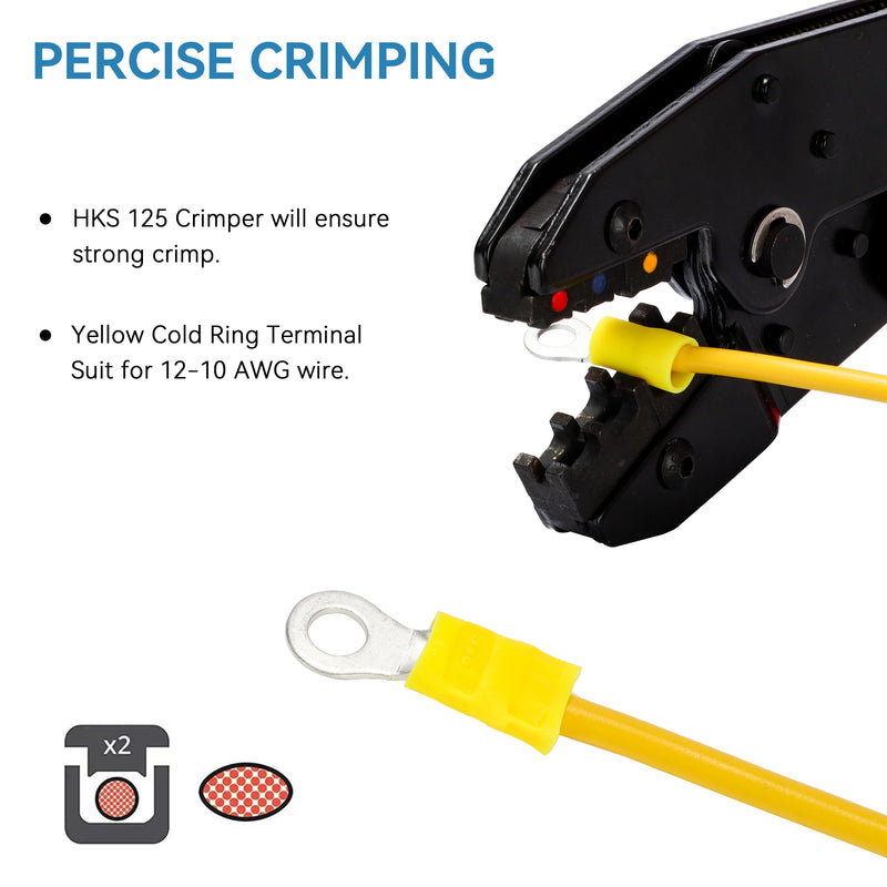HKS 60PCS Insulated Ring Terminal 5/16" Yellow 12-10 AWG - M8 - Tinned Red Copper - Electrical Wire Connector Kit Crimp PVC 5/16"(M8)