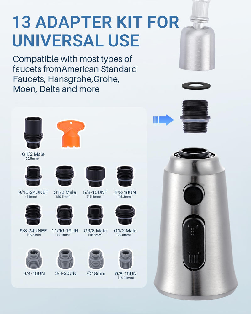 WOWOW Kitchen Faucet Head Replacement – 304 Stainless Steel 3-Mode Pull Down Spray Head with 13 Adapters, Compatible with Moen Delta Kohler American Standard, Easy DIY Install, Brushed Nickel