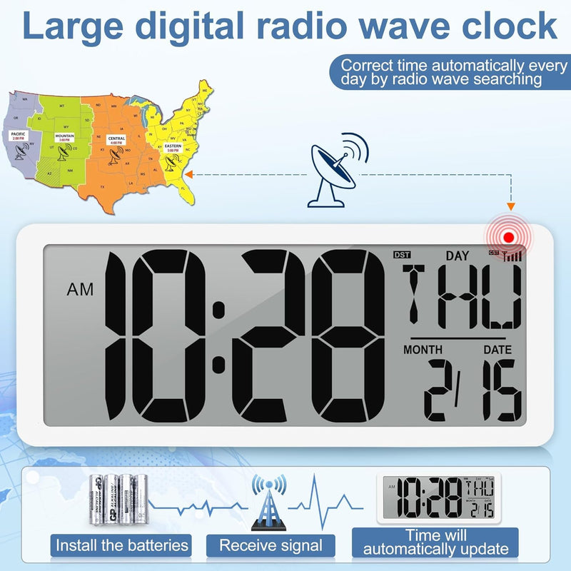 Atomic Clock with Backlight 15" Digital Wall Clock Battery Operated Atomic Wall Clock Digital Alarm Clock with Day Date & Temperature for Wall Office Bedroom Living Room 15" Atomic Clock with Backlight