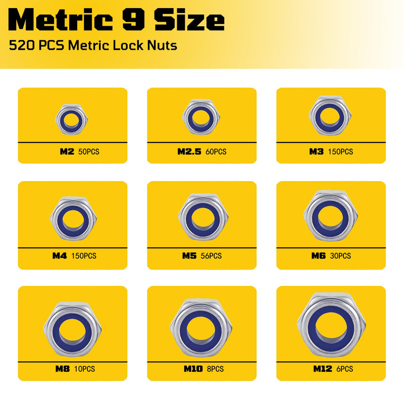 520 Pcs Metric Nylon Insert Locknuts Assortment Kit,M2 M2.5 M3 M4 M5 M6 M8 M10 M12 Nylock Nuts Sets,304 Stainless Steel Standard Threaded Hex Nut Nylock Nut Sets