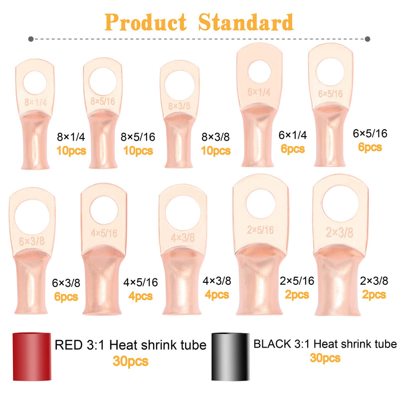 120Pcs AWG 8 6 4 2 Copper Wire Lugs Set,60Pcs Battery Cable Closed End Tubular Ring Terminals Connectors with 60Pcs 3:1 Adhesive Heat Shrink Tube AWG8- 2