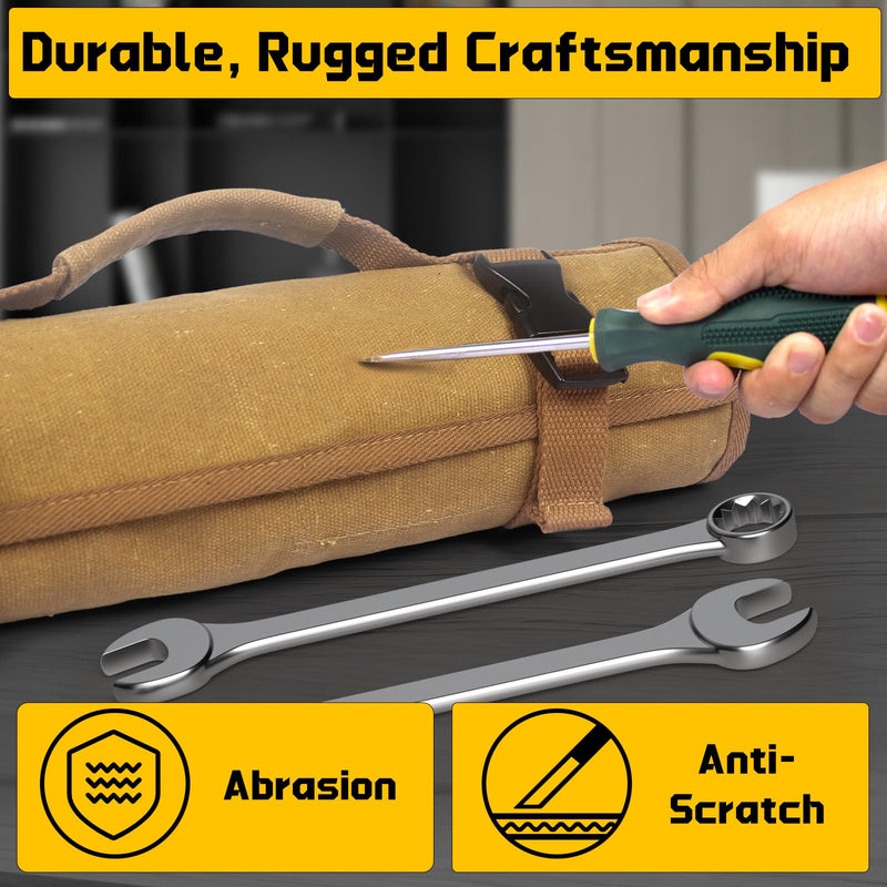 Wrench Roll 32 Pockets, Heavy-Duty 16 oz. Waxed Canvas Wrench Roll Up Bag Holds Wrench Wrap for Metric and SAE Wrenches, Wrench Pouch with Buckles and Handle, Sturdy Wrench Tool roll (Khaki) Khaki