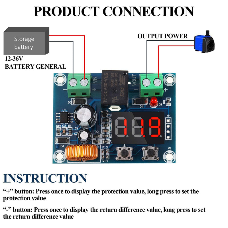 Weewooday DC 12V-36V Voltage Protection Module Digital Low Voltage Protector Disconnect Switch Over Discharge Protection Module Output 6-60V, Low Power Disconnection (2 Pieces) 2